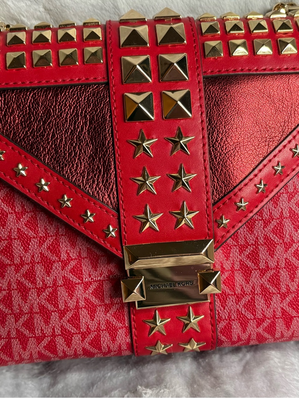 Michael Kors Red Studded Crossbody with Gold Hardware